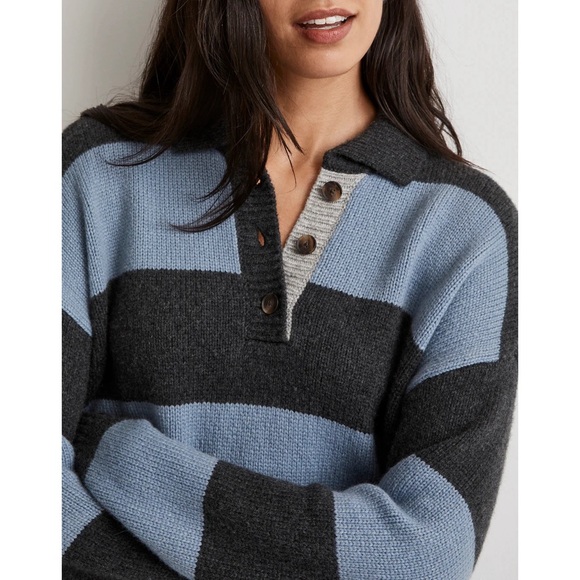 Madewell Rugby Stripe Polo Sweater Blue Grey Wool Alpaca Size XS - Picture 4 of 11